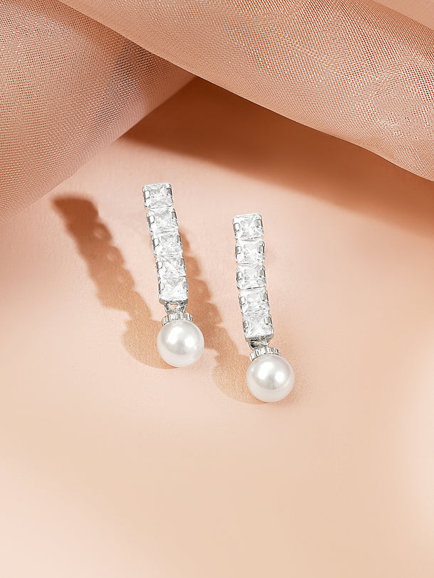 Rhodium Plated American Diamond Pearl Drop Statement Necklace Set
