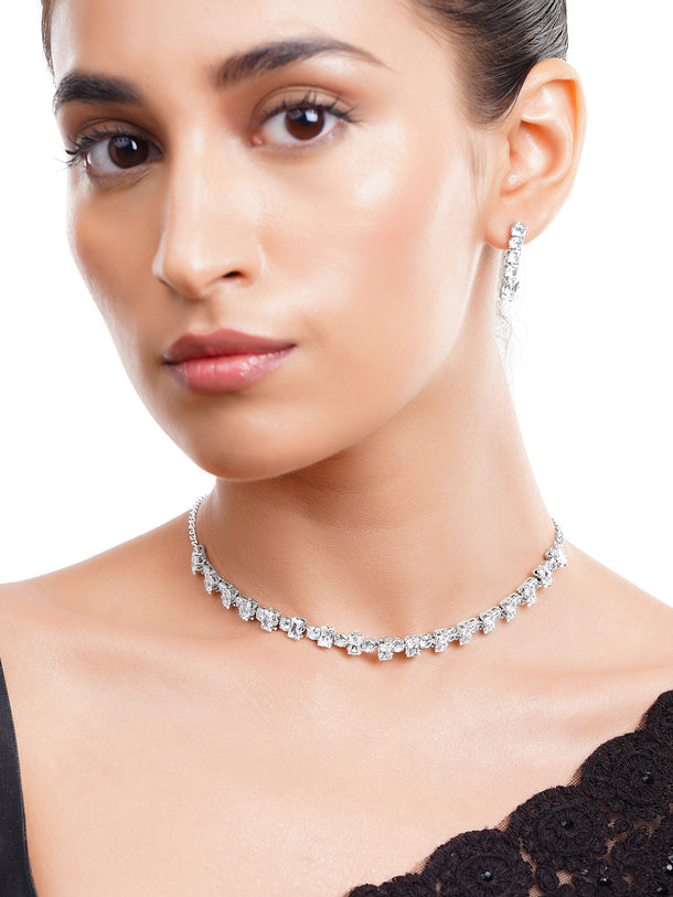 Rhodium Plated Crystal Baguette Choker Necklace Set