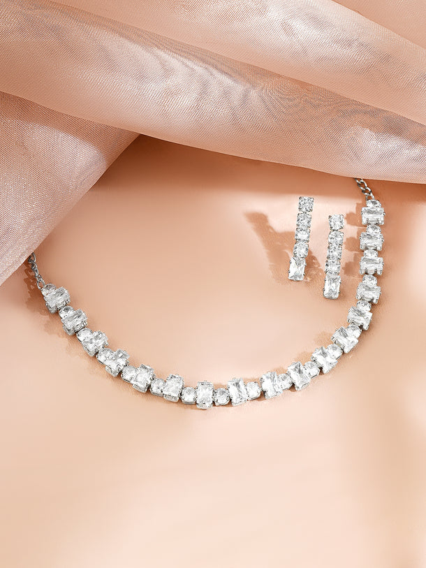 Rhodium Plated Crystal Baguette Choker Necklace Set