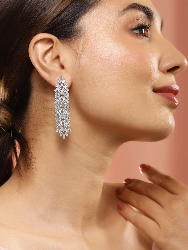 Rubans Silver-Plated AAA Cubic Zirconia Studded Premium Long Drop Earrings
