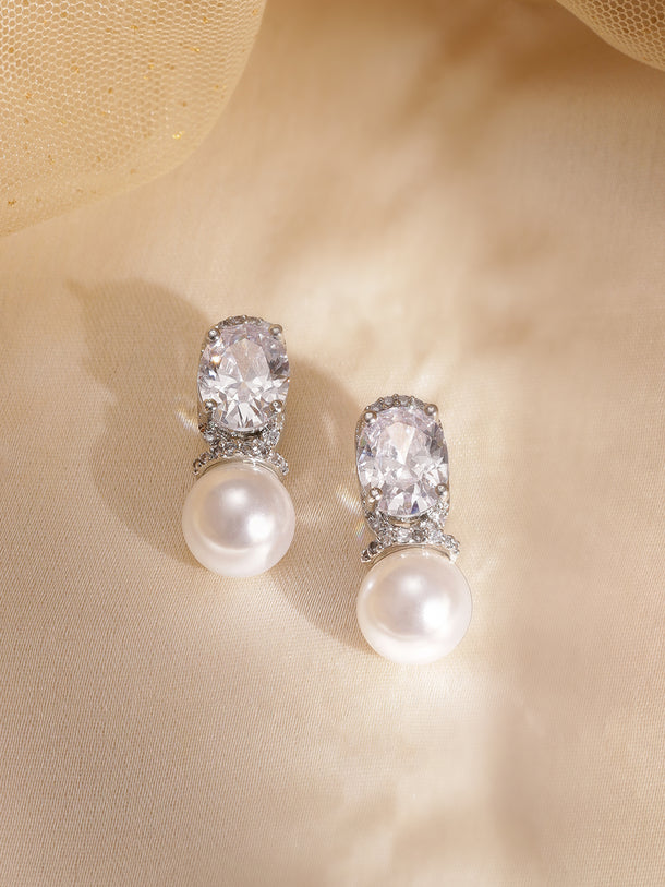 Rhodium plated zirconia studded pearl drop glamour Dainty earrings