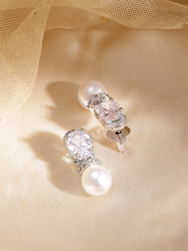 Rhodium plated zirconia studded pearl drop glamour Dainty earrings