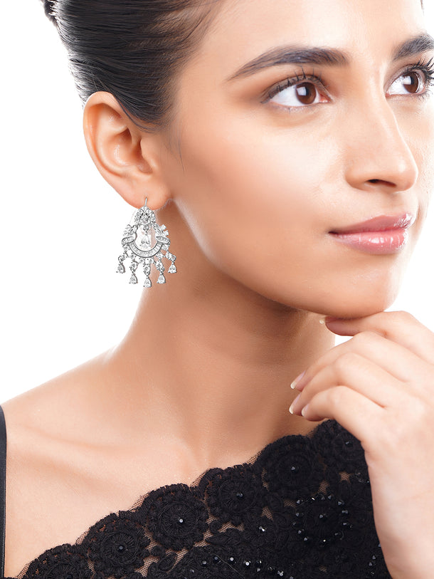 Rhodium Plated Cubic Zirconia Cascade Chandelier Earrings