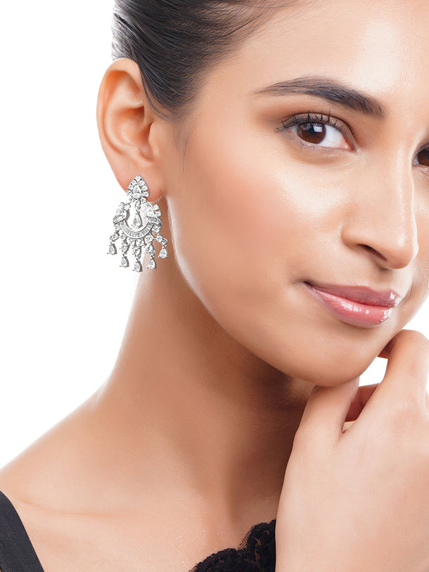 Rhodium Plated Cubic Zirconia Cascade Chandelier Earrings