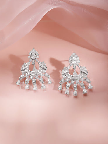 Rhodium Plated Cubic Zirconia Cascade Chandelier Earrings