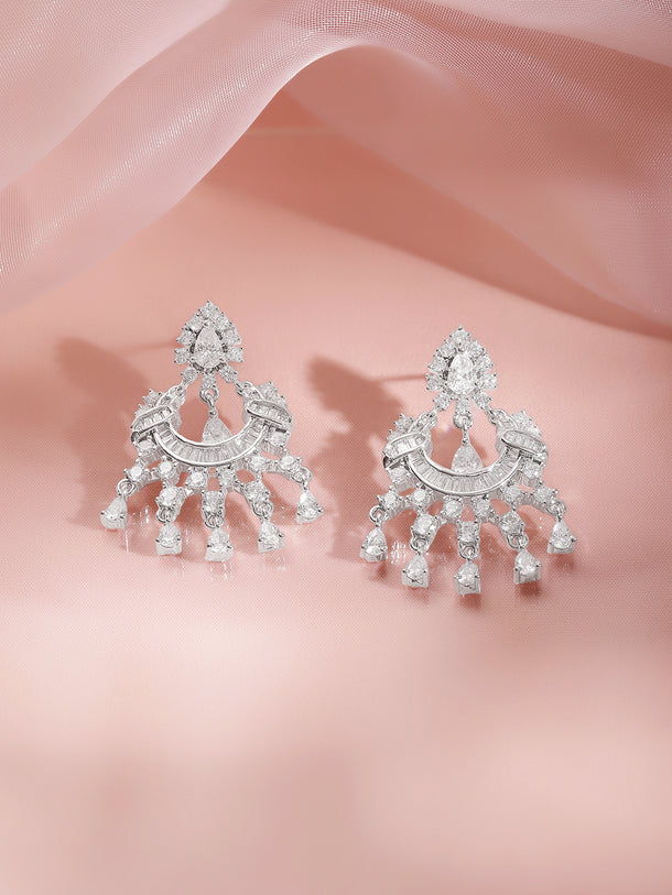 Rhodium Plated Cubic Zirconia Cascade Chandelier Earrings