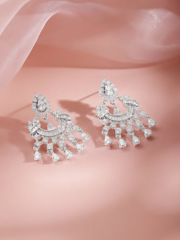 Rhodium Plated Cubic Zirconia Cascade Chandelier Earrings