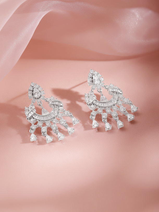 Rhodium Plated Cubic Zirconia Cascade Chandelier Earrings