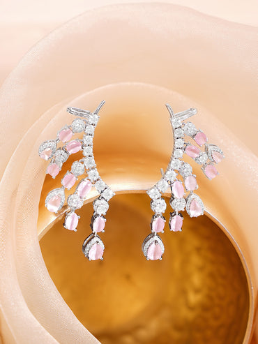 Rhodium Plated Teardrop American Diamond Zirconia Pink Ear Cuffs