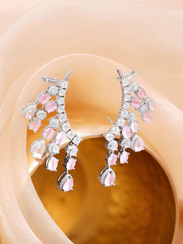 Rhodium Plated Teardrop American Diamond Zirconia Pink Ear Cuffs