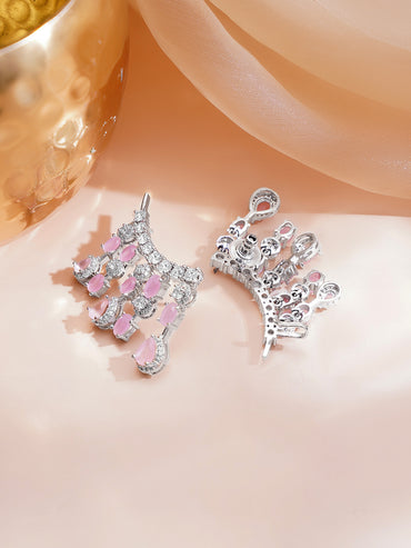 Rhodium Plated Teardrop American Diamond Zirconia Pink Ear Cuffs
