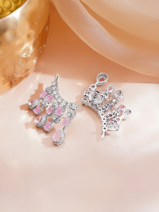 Rhodium Plated Teardrop American Diamond Zirconia Pink Ear Cuffs