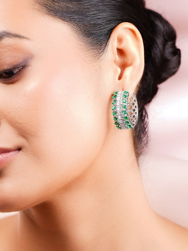Rhodium Plated American Diamond Zirconia Green Hoop Earrings