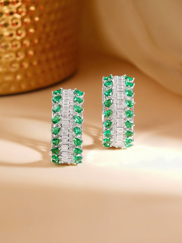Rhodium Plated American Diamond Zirconia Green Hoop Earrings