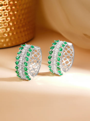 Rhodium Plated American Diamond Zirconia Green Hoop Earrings