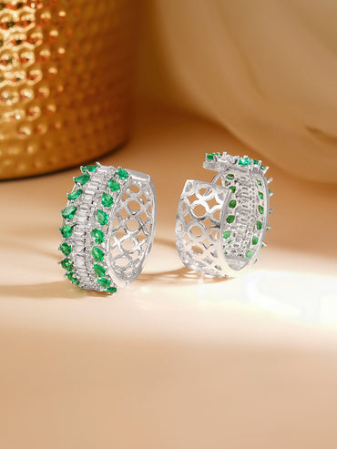 Rhodium Plated American Diamond Zirconia Green Hoop Earrings