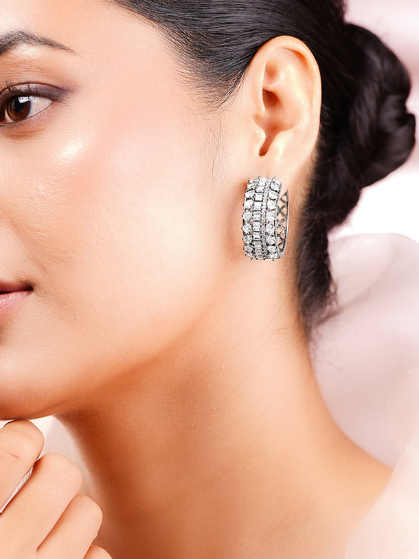 Rhodium Plated American Diamond Zirconia Hoop Eaaings