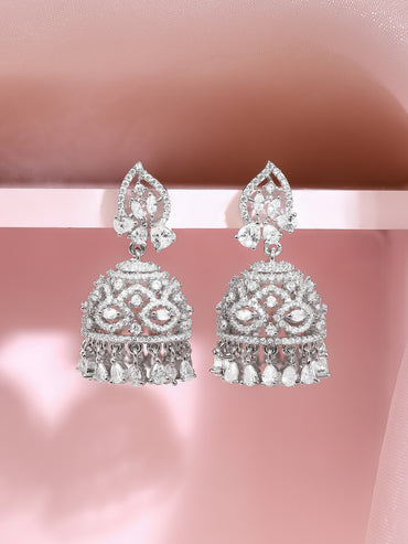 Rhodium Plated Moonlit Crystal Dome Jhumkas