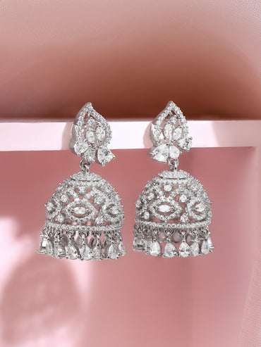 Rhodium Plated Moonlit Crystal Dome Jhumkas