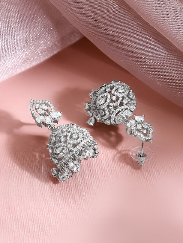 Rhodium Plated Moonlit Crystal Dome Jhumkas