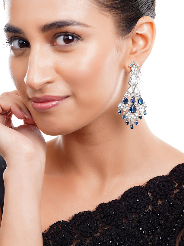 Rhodium Plated Tear Drop American Diamond Zirconia Blue & Silver Dangler Earrings