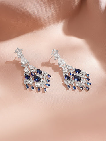 Rhodium Plated Tear Drop American Diamond Zirconia Blue & Silver Dangler Earrings