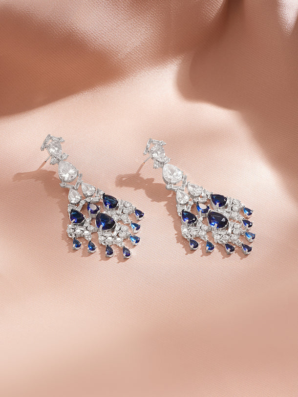 Rhodium Plated Tear Drop American Diamond Zirconia Blue & Silver Dangler Earrings