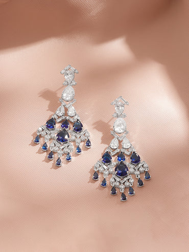 Rhodium Plated Tear Drop American Diamond Zirconia Blue & Silver Dangler Earrings