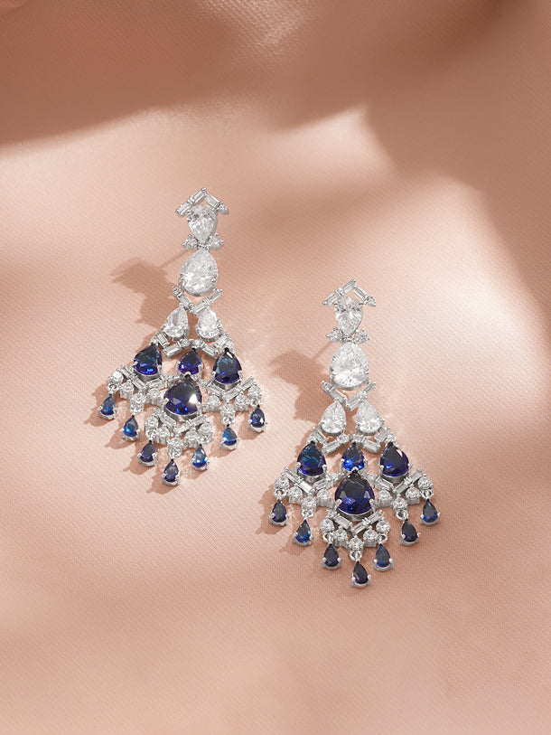 Rhodium Plated Tear Drop American Diamond Zirconia Blue & Silver Dangler Earrings
