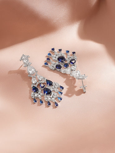 Rhodium Plated Tear Drop American Diamond Zirconia Blue & Silver Dangler Earrings