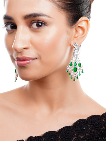 Rhodium Plated Tear Drop American Diamond Zirconia Green & Silver Dangler Earrings