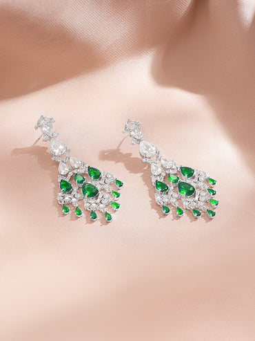 Rhodium Plated Tear Drop American Diamond Zirconia Green & Silver Dangler Earrings