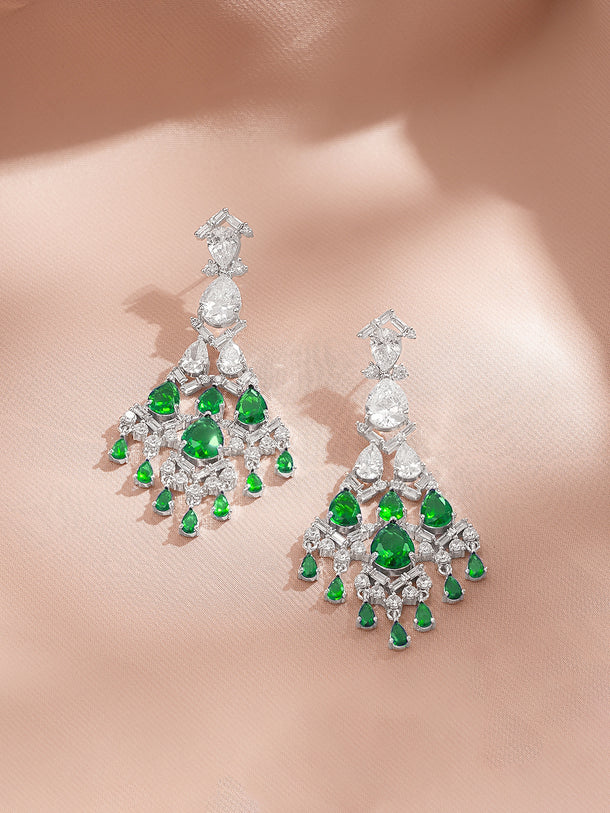 Rhodium Plated Tear Drop American Diamond Zirconia Green & Silver Dangler Earrings