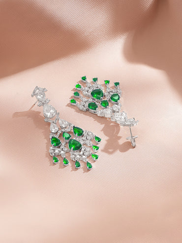 Rhodium Plated Tear Drop American Diamond Zirconia Green & Silver Dangler Earrings