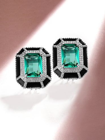 Rubans Premium Rhodium Plated Black enamel AAA Cubic Zirconia Aqua Blue Statement Stud Earrings