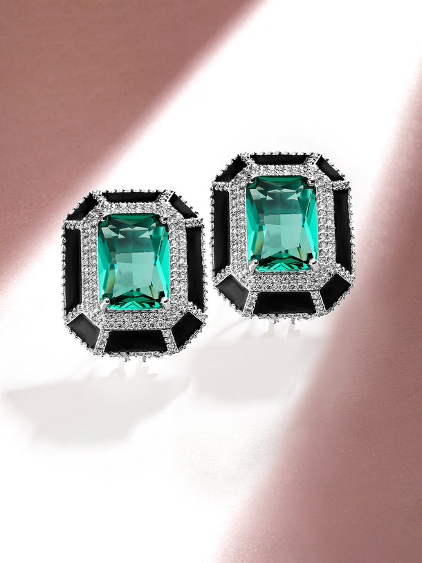 Rubans Premium Rhodium Plated Black enamel AAA Cubic Zirconia Aqua Blue Statement Stud Earrings