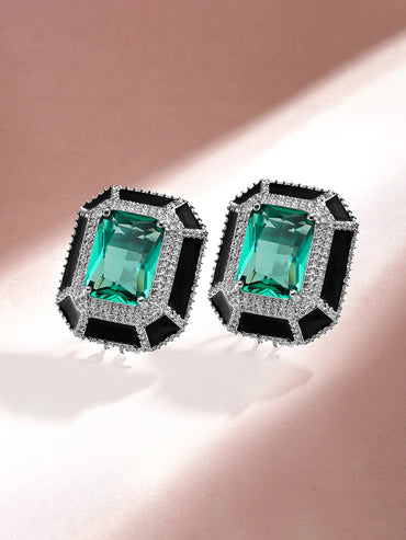 Rubans Premium Rhodium Plated Black enamel AAA Cubic Zirconia Aqua Blue Statement Stud Earrings