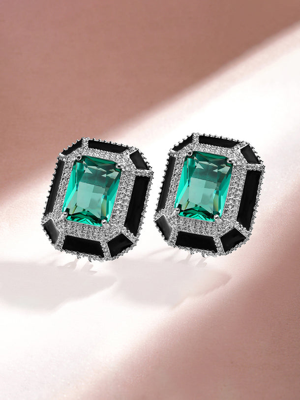 Rubans Premium Rhodium Plated Black enamel AAA Cubic Zirconia Aqua Blue Statement Stud Earrings
