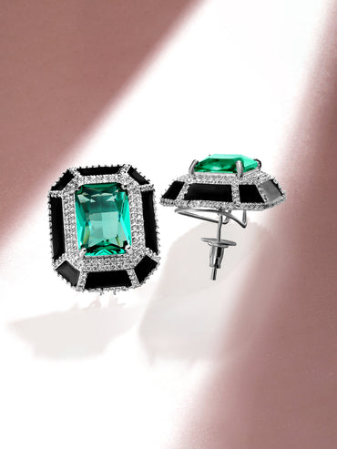 Rubans Premium Rhodium Plated Black enamel AAA Cubic Zirconia Aqua Blue Statement Stud Earrings