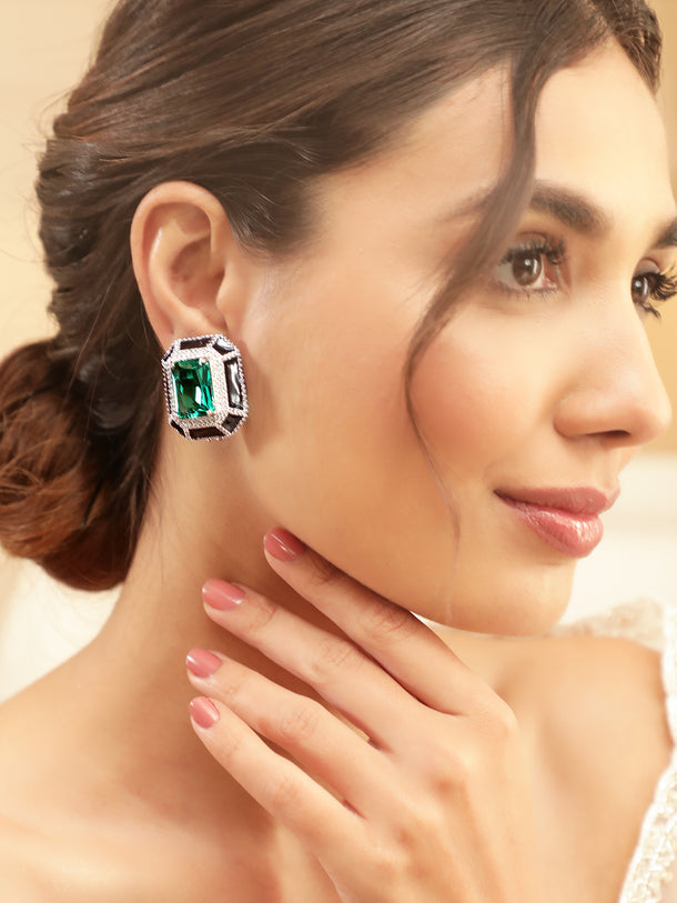 Rubans Premium Rhodium Plated Black enamel AAA Cubic Zirconia Aqua Blue Statement Stud Earrings