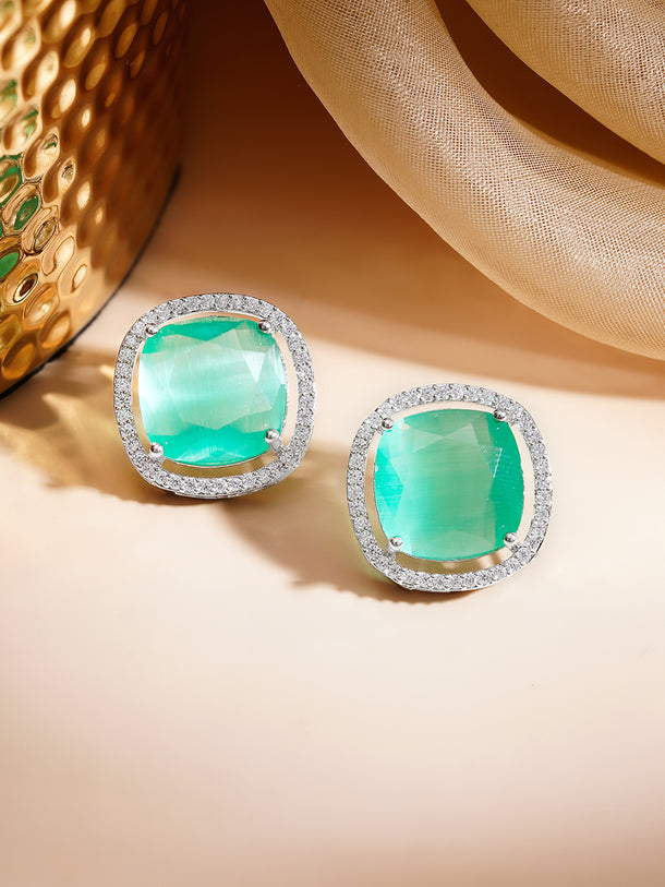 Rhodium Plated American Diamond Zirconia Emerald Studs