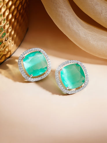 Rhodium Plated American Diamond Zirconia Emerald Studs