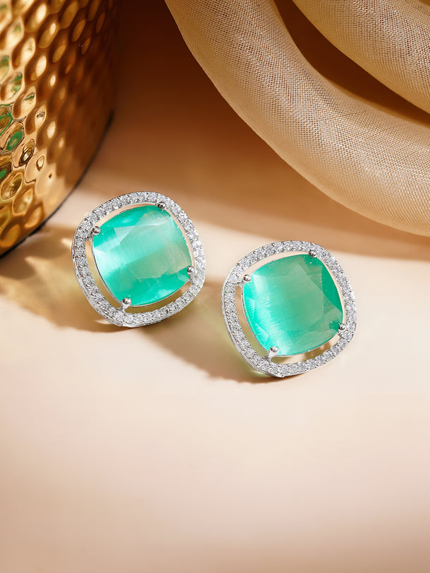 Rhodium Plated American Diamond Zirconia Emerald Studs