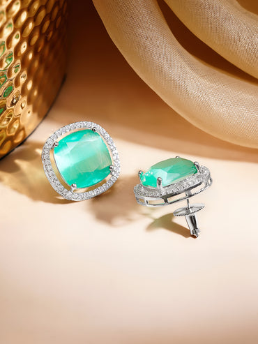 Rhodium Plated American Diamond Zirconia Emerald Studs