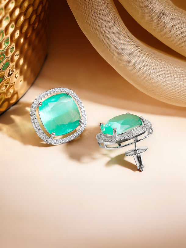 Rhodium Plated American Diamond Zirconia Emerald Studs