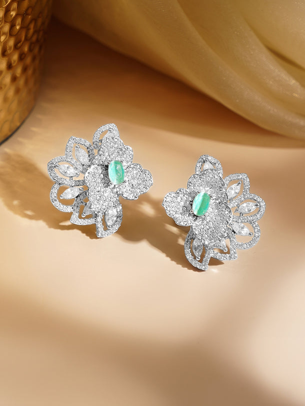 Rhodium Plated Floral American Diamond Zirconia Stud Earrings