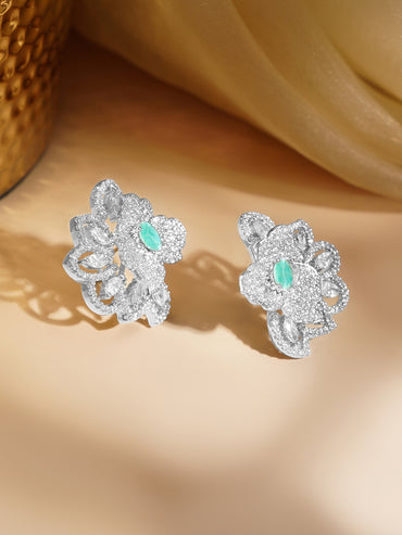 Rhodium Plated Floral American Diamond Zirconia Stud Earrings