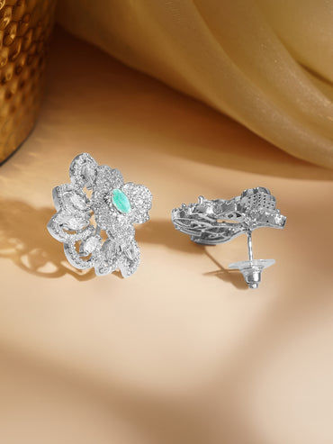 Rhodium Plated Floral American Diamond Zirconia Stud Earrings