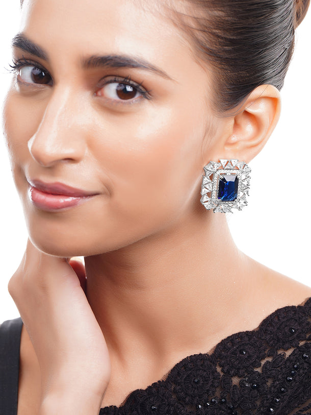 Rhodium Plated Sapphire Royale Sparkle Cluster Studs Earrings