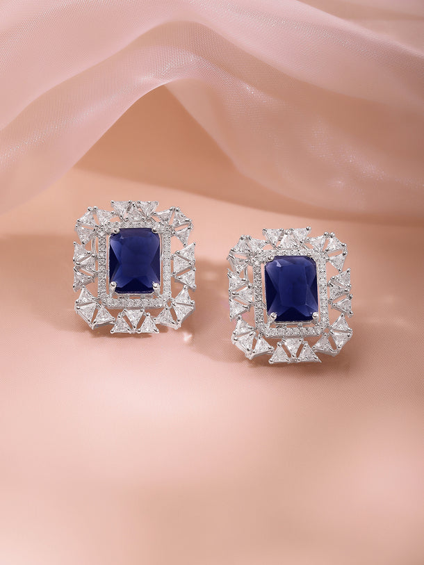 Rhodium Plated Sapphire Royale Sparkle Cluster Studs Earrings